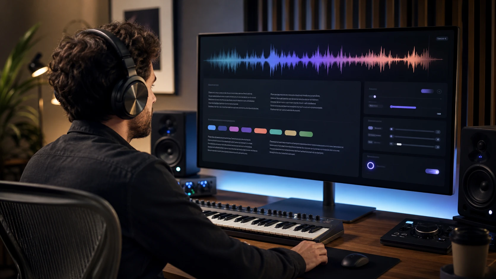 Interface de criação musical com prompt, estilo, emoção e prévia de áudio