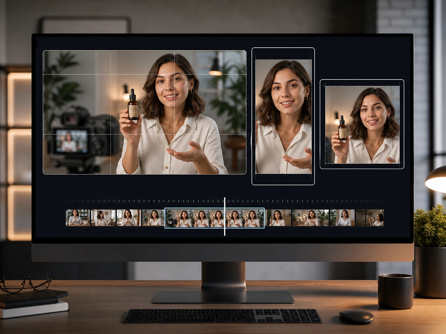 Prévia de vídeo horizontal, vertical e quadrado com produto centralizado