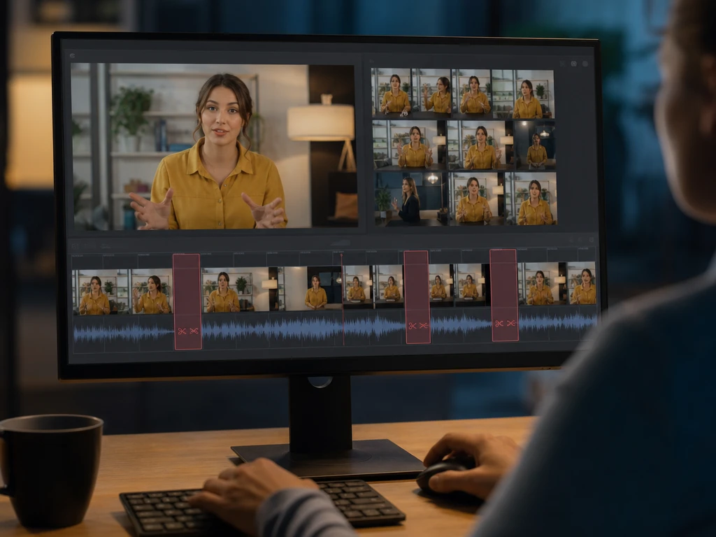 Timeline com pausas marcadas, cortes revisados e fala contínua no clipe