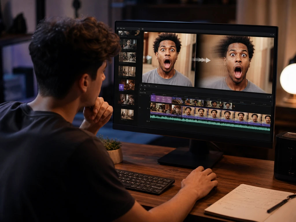 Criador social revisando reação prolongada em clipe curto na timeline