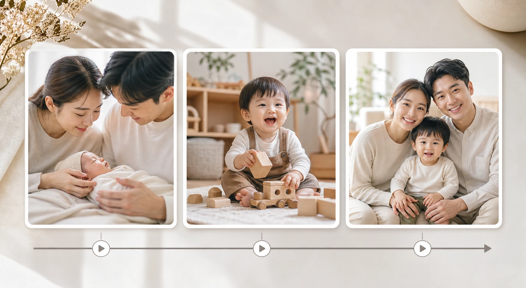 Family milestone photos arranged by time period to make a video with pictures in picturemaker.ai