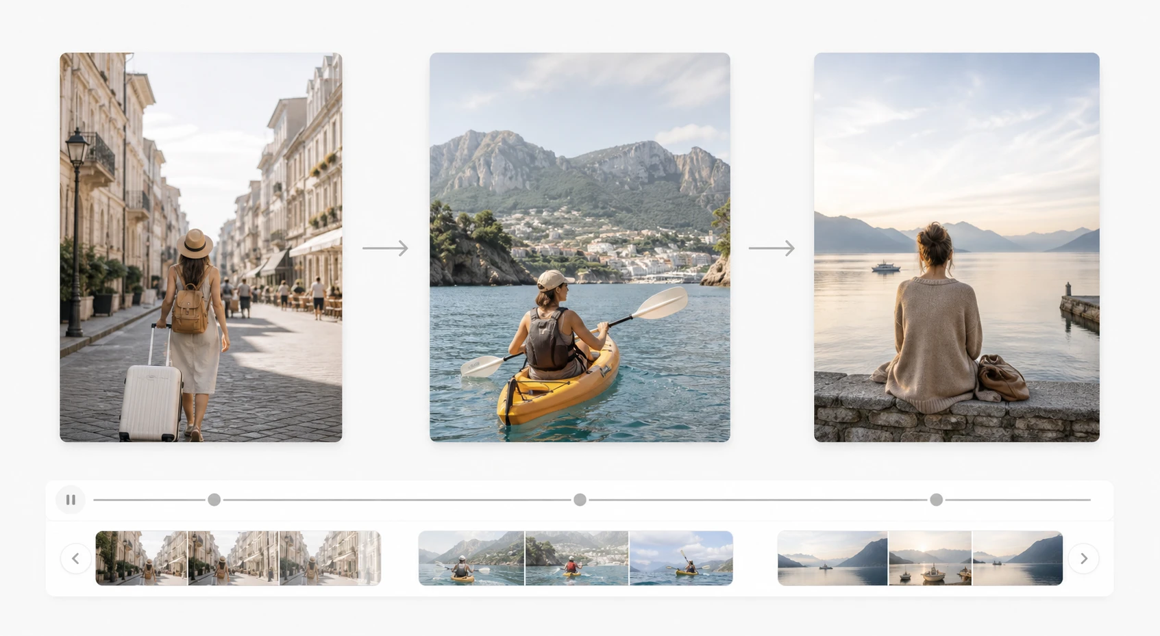 Travel photos ordered from arrival to departure to make a video with pictures on picturemaker.ai