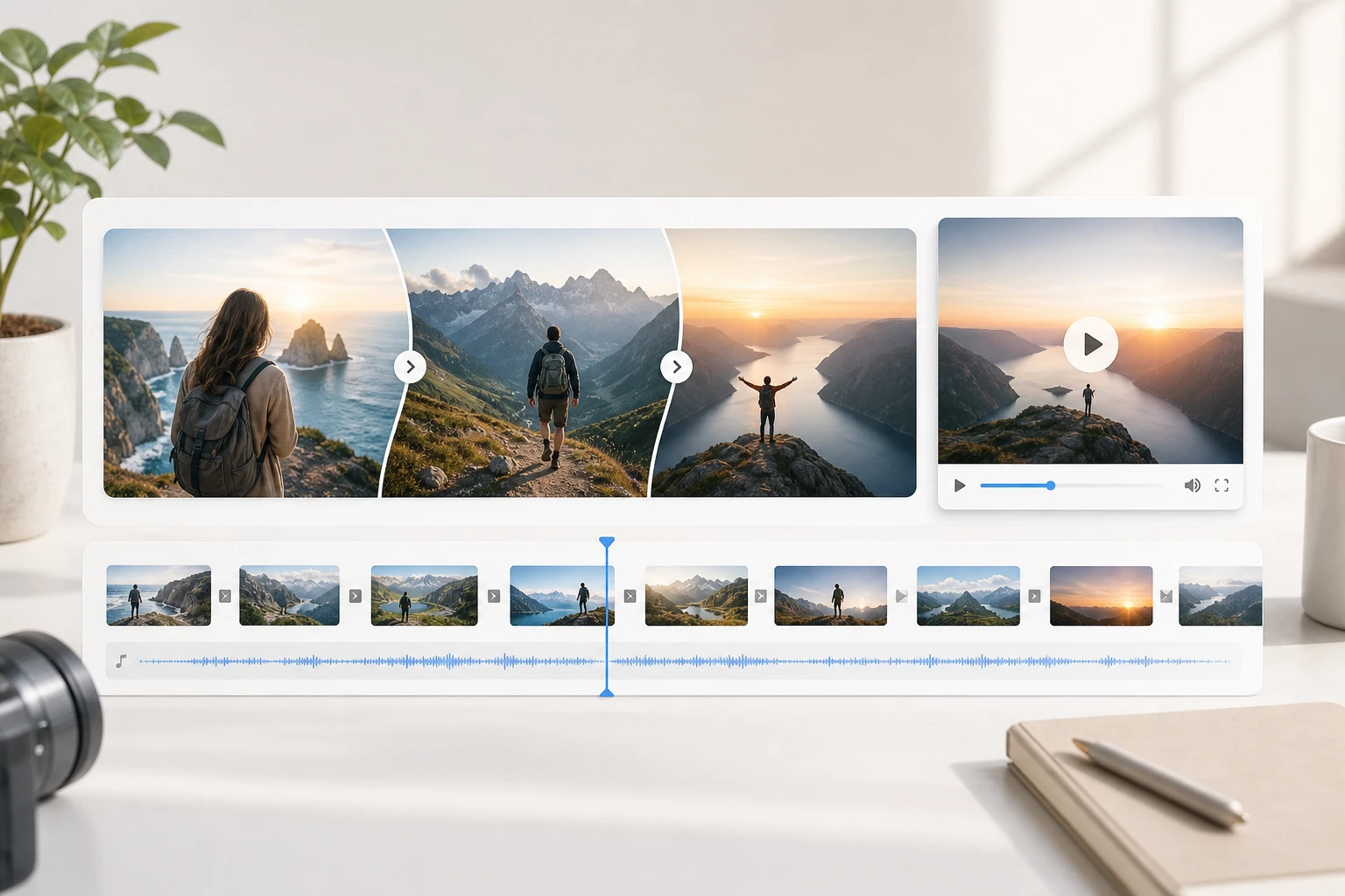 Person arranging travel photos into a story sequence to make a video with pictures on picturemaker.ai