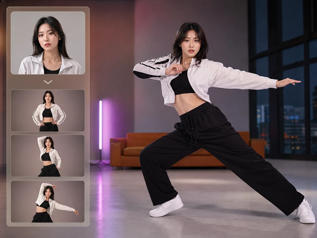 元写真の顔立ちと服装を保ちながら、ダンス中の人物シルエットを比較しているプレビュー