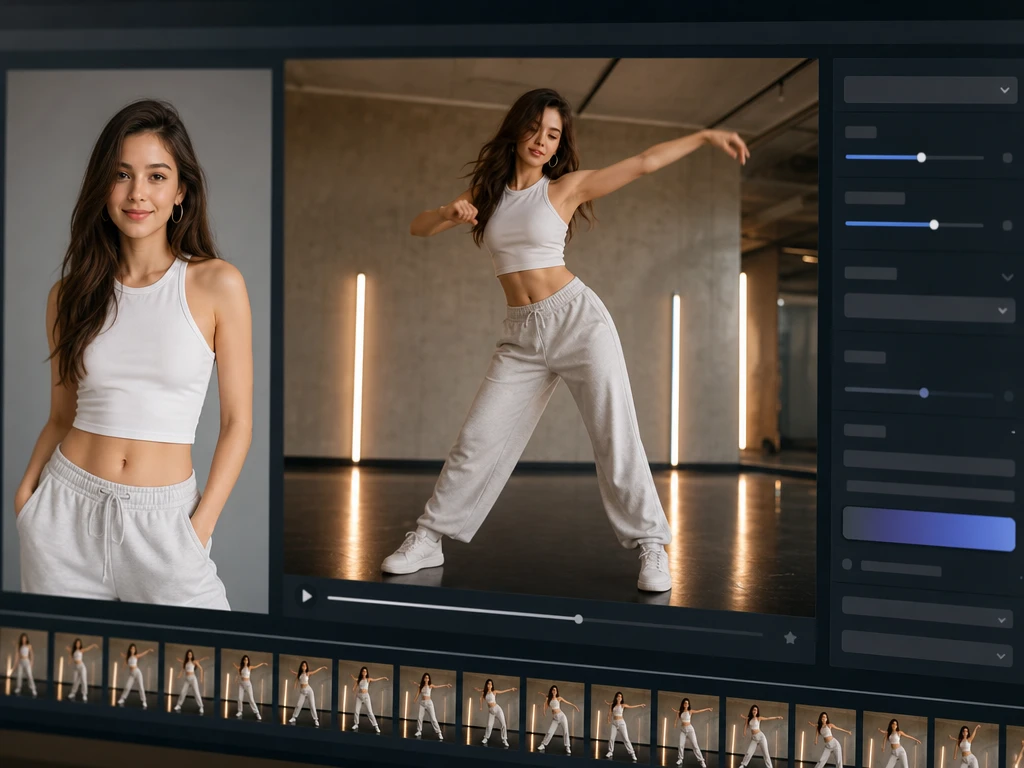 スマートフォン画面でSNS向けの短いダンス動画をプレビューし、顔と画面収まりを確認する画面