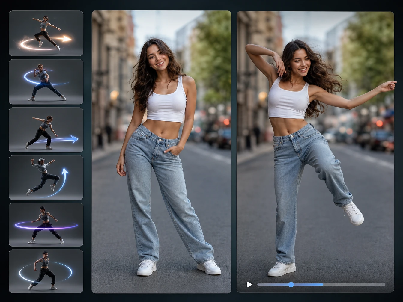 複数のダンス動作から1つを選び、写真の人物に合わせてAIダンス動画を確認している画面