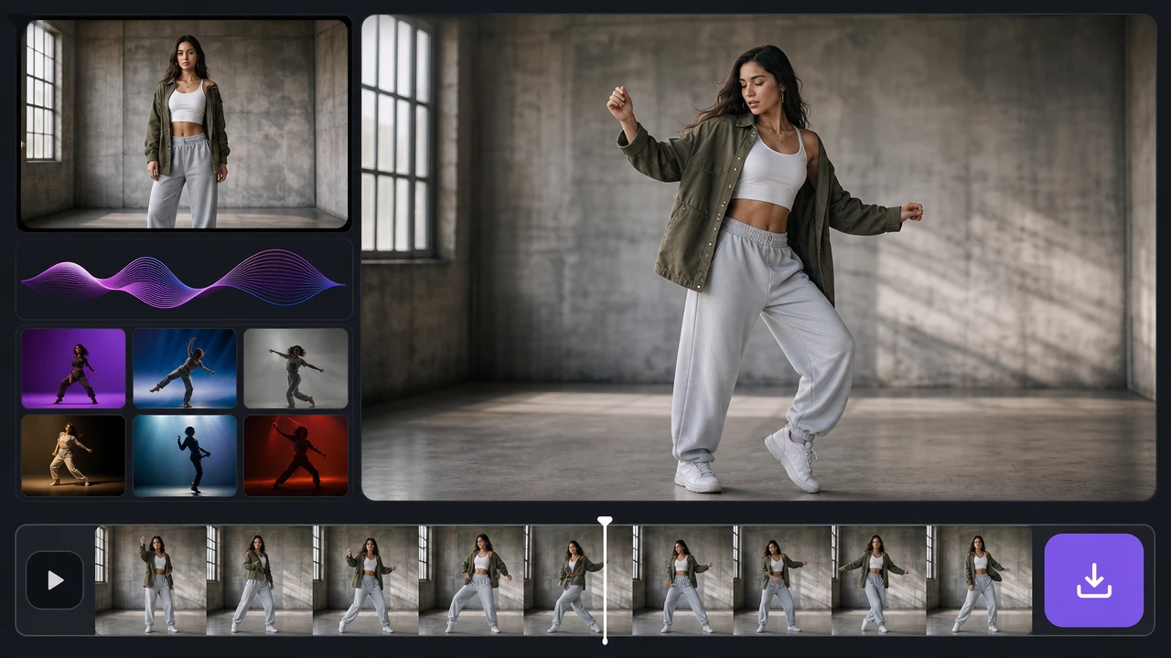 正面写真の人物がダンステンプレートで動き、プレビュー上で表情と服装を確認している画面