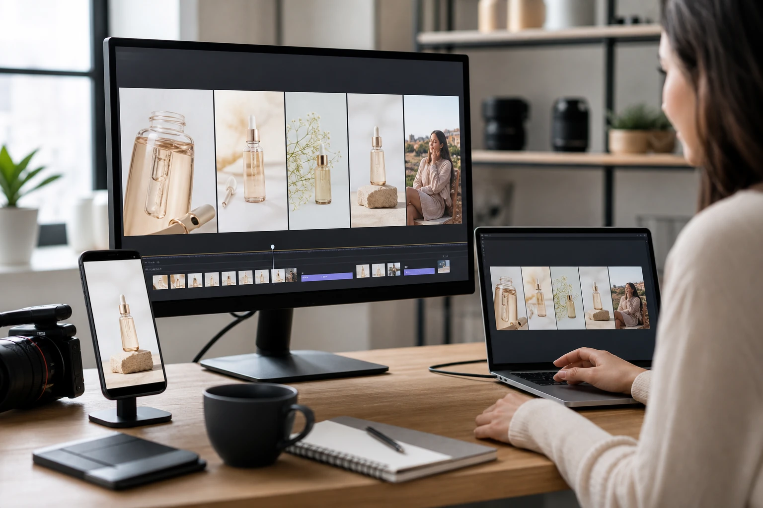Product photo set exported as social clip using photo video maker for a content team