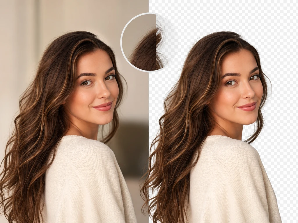 Portrait edge cleanup with hair detail after background eraser preview