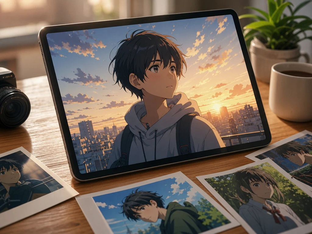 Anime-Stilvorschau eines Vlogs mit Referenzbild und farbiger Szenenansicht
