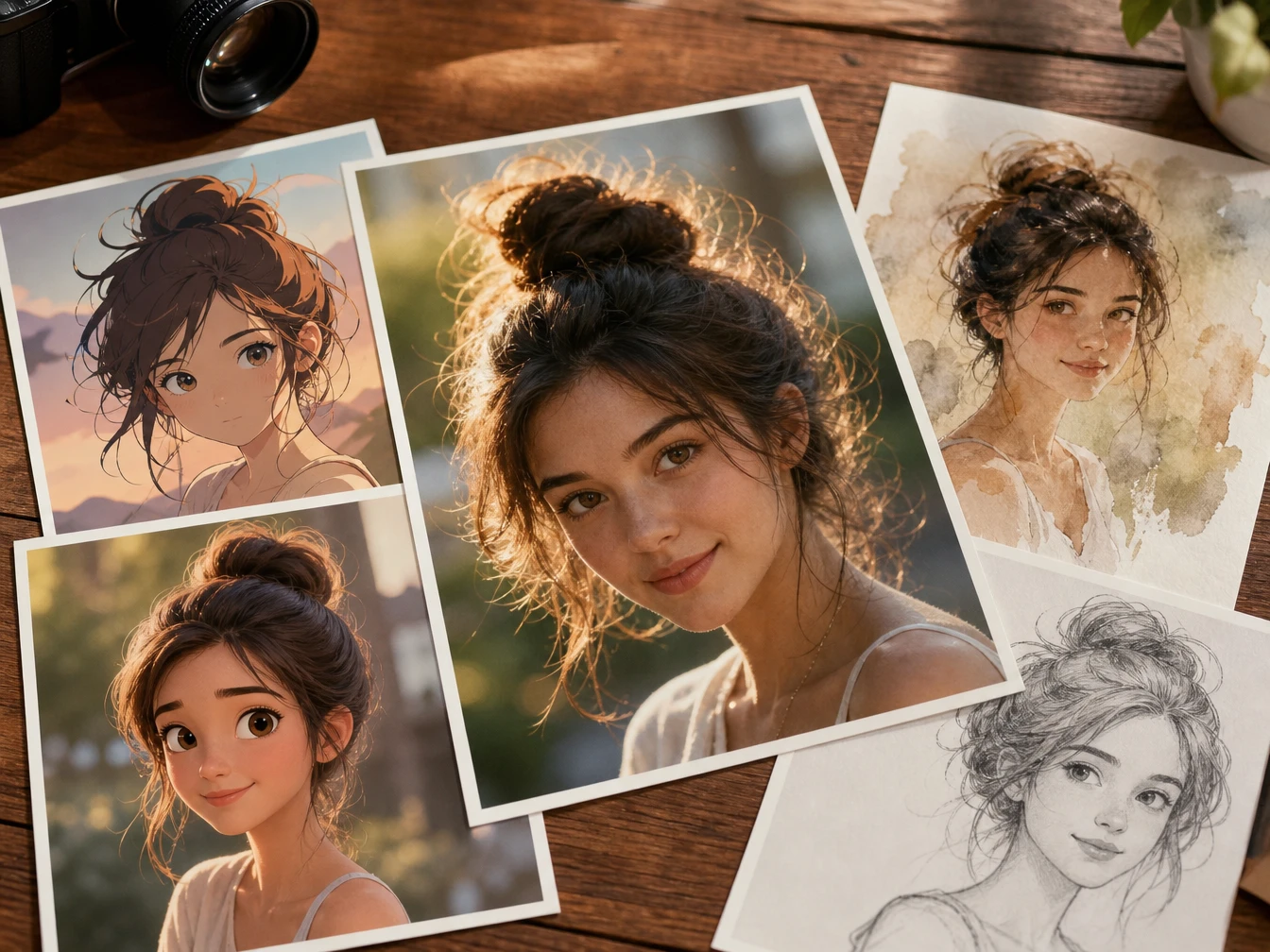 Galeria de estilos com fotografia realista, anime, render 3D e aquarela
