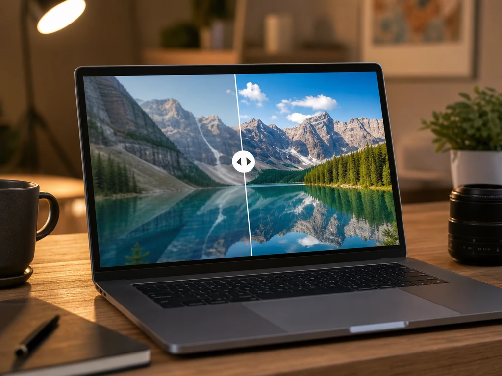 PictureMaker介面中顯示模糊來源片段與修復後高畫質MP4預覽,包含噪點、膚色與細節對比