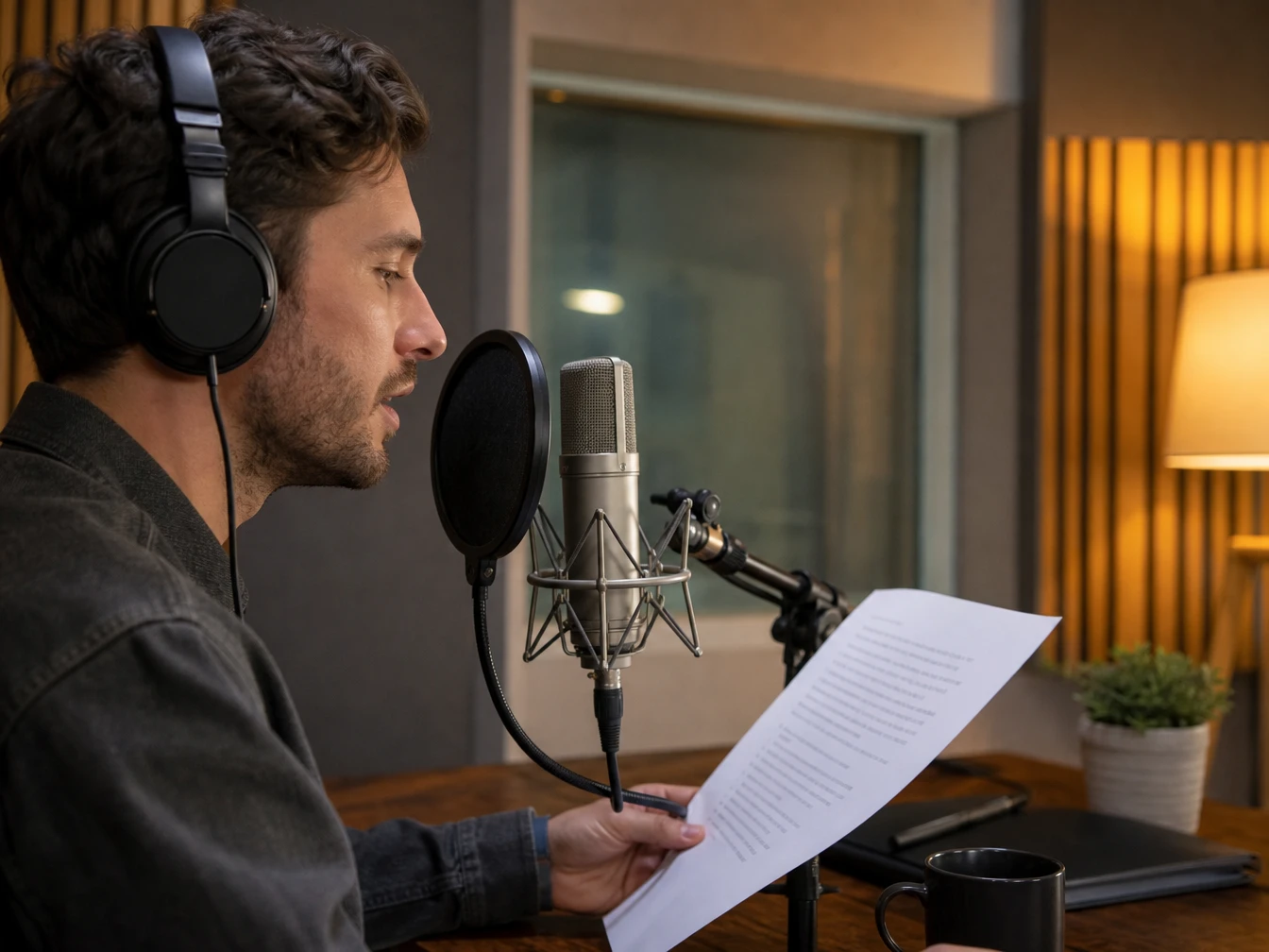 Timeline audio dengan naskah, referensi suara, dan preview voiceover di PictureMaker